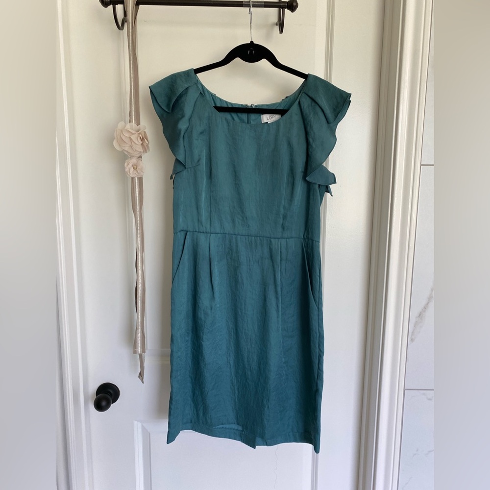 LOFT Green Sheath Dress with Ruffled Cap Sleeves